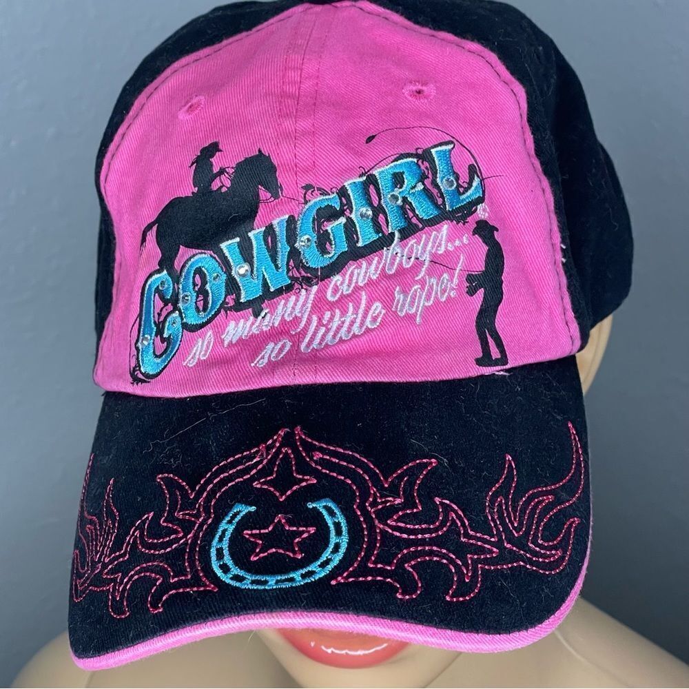 CSI Cowgirl Pink Black and Aqua Trucker Cap “So Many Cowboys So Little Rope”